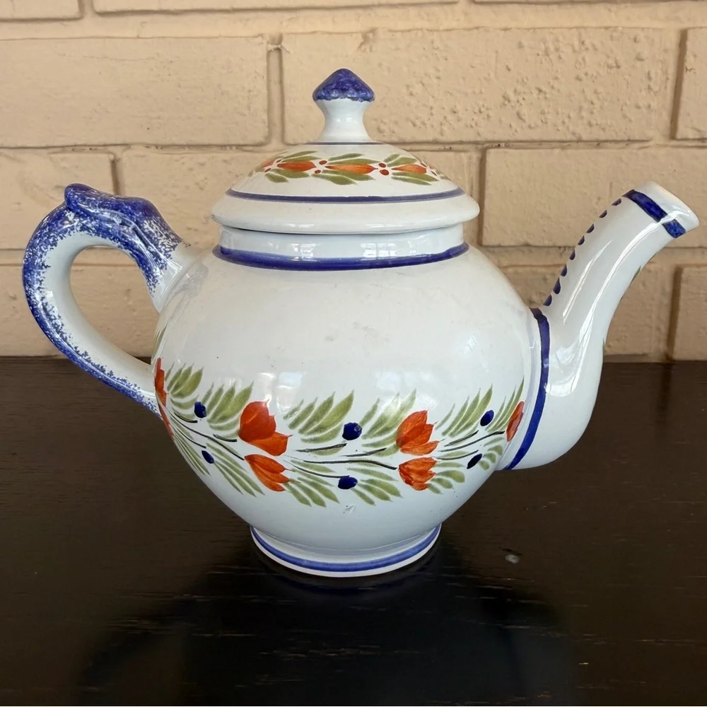 HENRIOT QUIMPER Teapot Royal French Faience Lidded Painted Lady